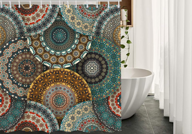 Moslion Bohemian Shower Curtain Set Colorful Vintage Floral Mandala Flower Aztec Boho Bathroom Shower Curtain Home Decorative Waterproof Polyester Fabric with Hooks 72x72 Inch - Image 2